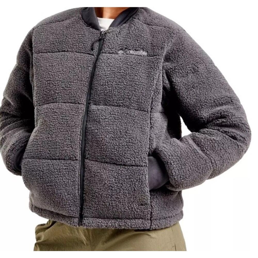 COLUMBIA Women's Puffect Sherpa Novelty Bomber Jacket sz L Large Stone Gray New